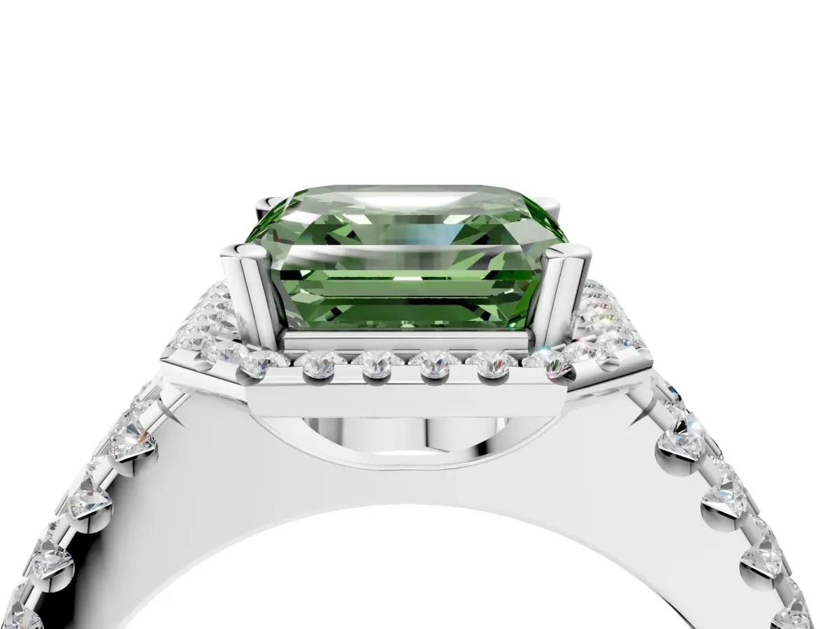 Fancy Green Asscher Cut Halo Diamond Split Shank Engagement Ring with Prong Setting Platinum