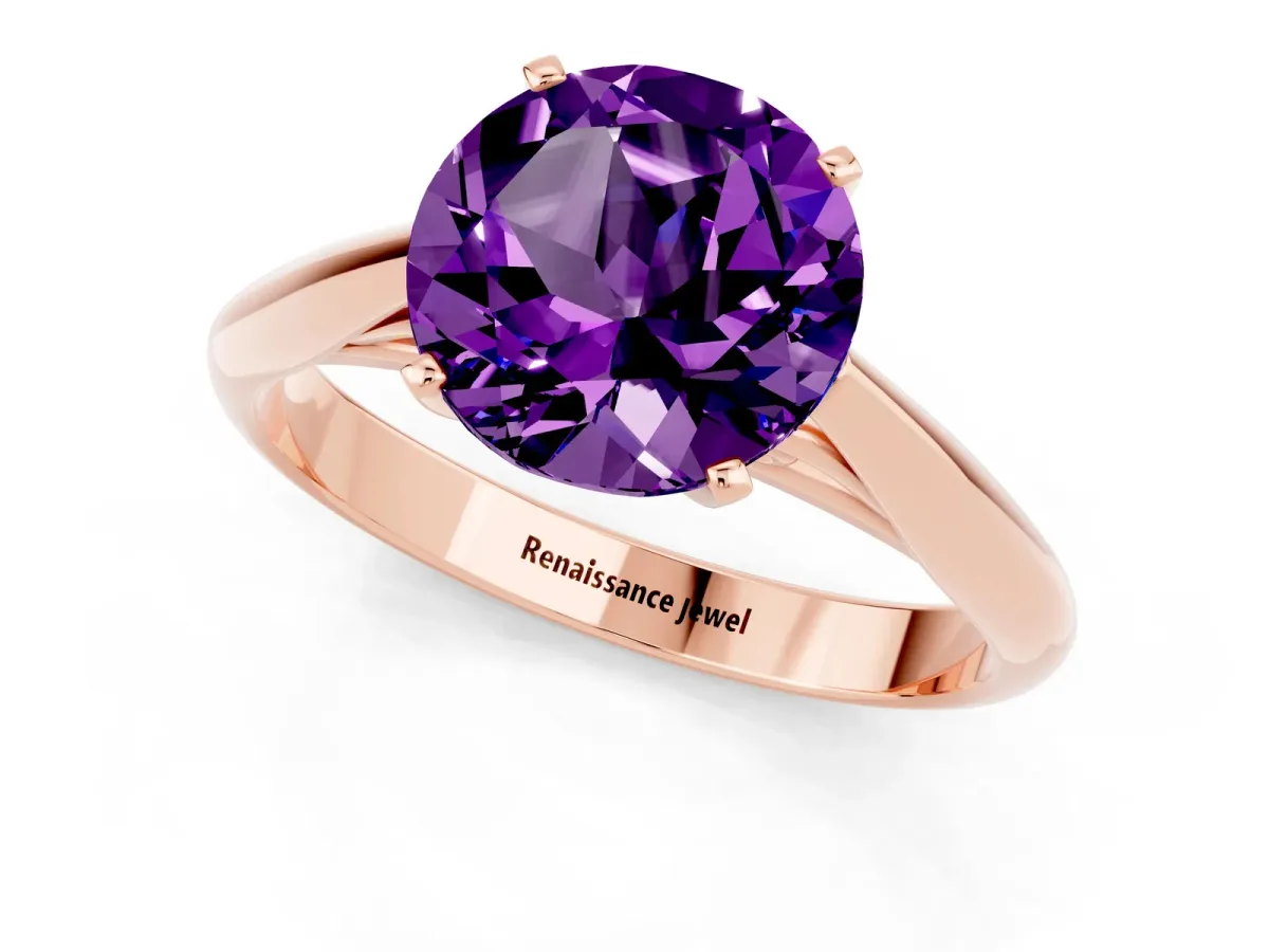 Round Cut Amethyst Solitaire Engagement Ring with Cathedral Setting and Four-Prong Mount Rose gold
