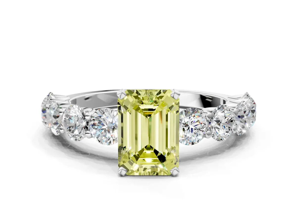 Fancy Yellow Emerald Cut Diamond Prong Setting with Side Stones on a Pave Band Silver