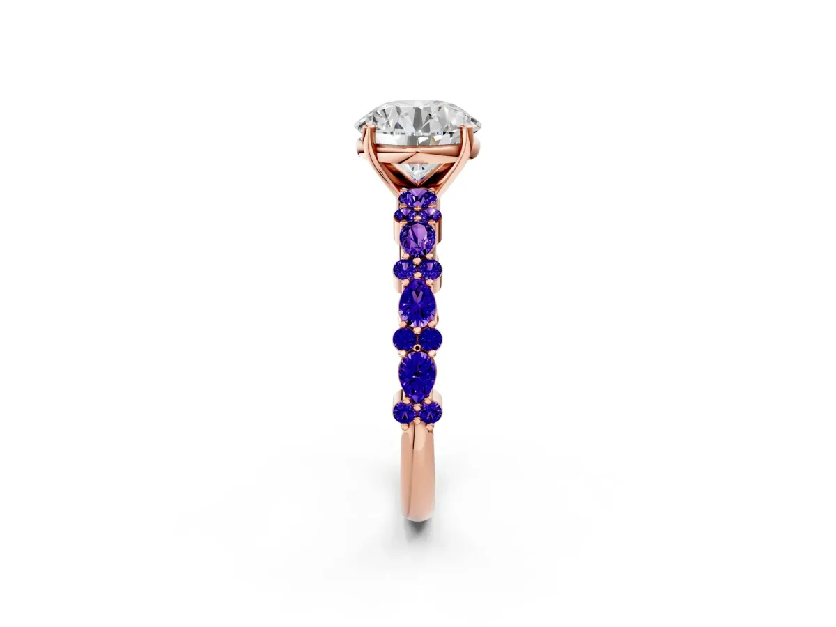 Round Cut Diamond Side Stone Solitaire Ring with Round Tanzanite and Four-Prong Setting Rose gold