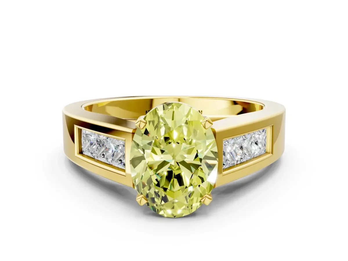 Fancy Yellow Oval Cut Cut Channel Set Solitaire Ring with Four-Prong Setting Yellow gold