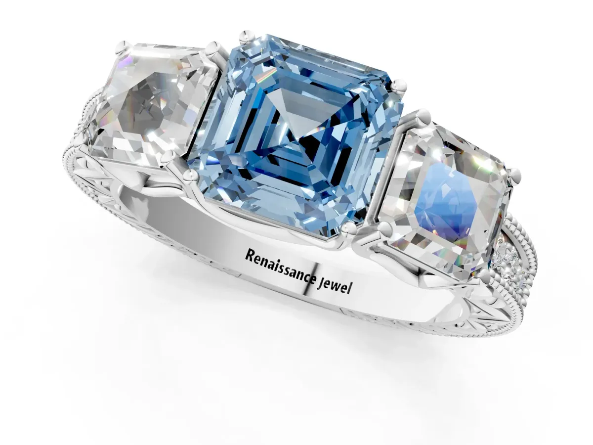 Fancy Blue Three-Stone Asscher Cut Cut Milgrain Pavé Engagement Ring Platinum