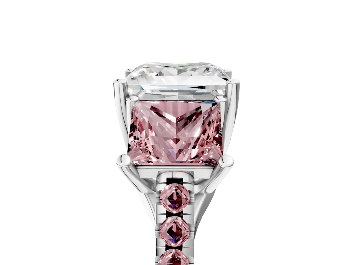 Three-Stone Princess Cut Diamond Ring with Round Morganite Pavé Band and Prong Setting Silver