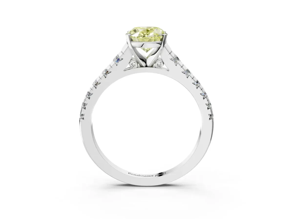 Fancy Yellow Oval Cut Diamond Cathedral Solitaire Ring with Round Pavé Band Silver