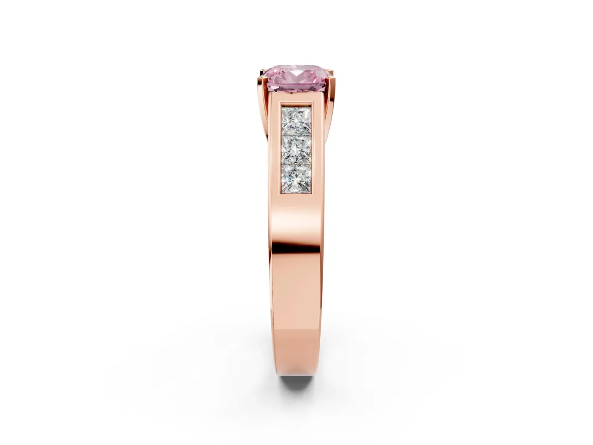 Fancy Pink Cushion Cut Cut Channel Set Solitaire Ring with Four-Prong Setting Rose gold