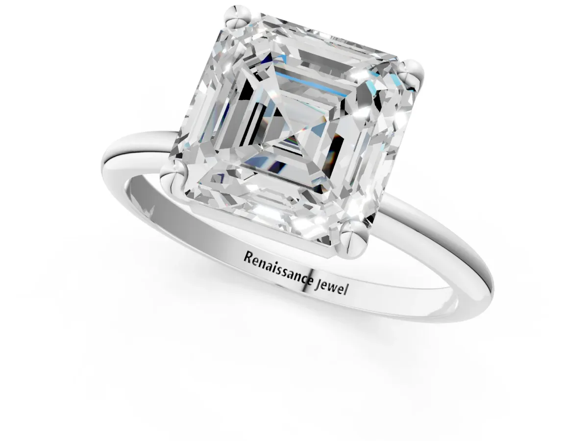 Asscher Cut Solitaire Diamond Ring with 4-Prong Setting on a Classic Band White gold