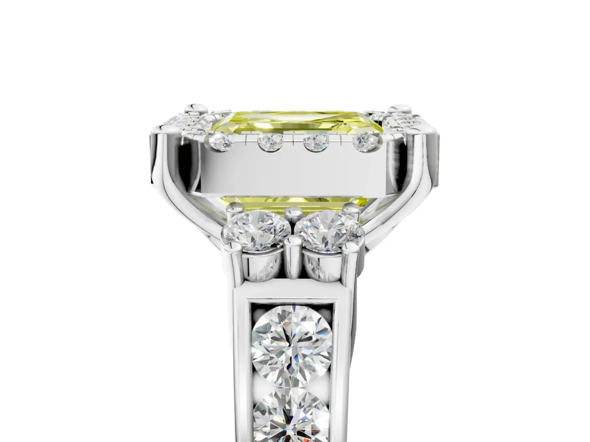 Fancy Yellow Asscher Cut Halo Diamond Engagement Ring with Split Shank and Four-Prong Setting Platinum