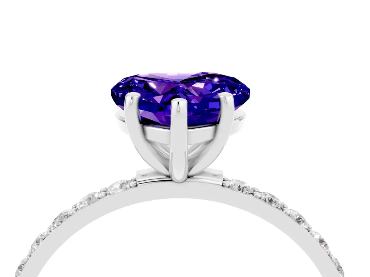 Heart Cut Tanzanite Solitaire Ring with Round Pavé Band and Prong Setting Silver