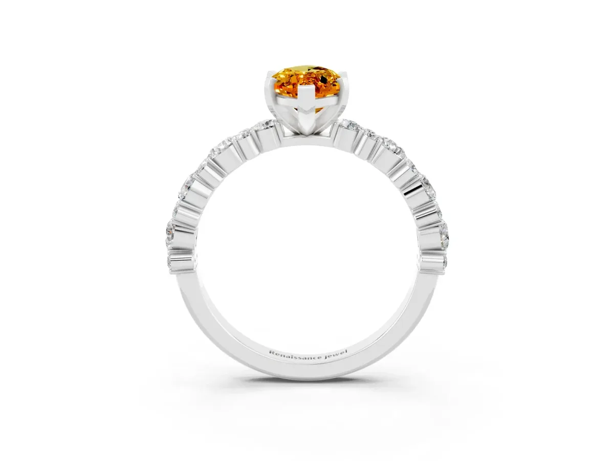 Marquise Cut Citrine Side Stone Solitaire Ring with Round and Four-Prong Setting Platinum
