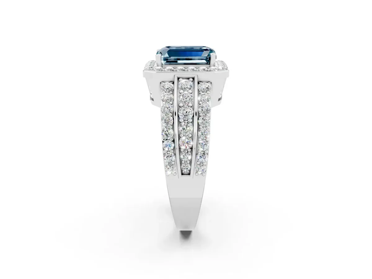 Emerald Cut Halo Aquamarine Ring with Round Split Shank and Prong Setting Silver