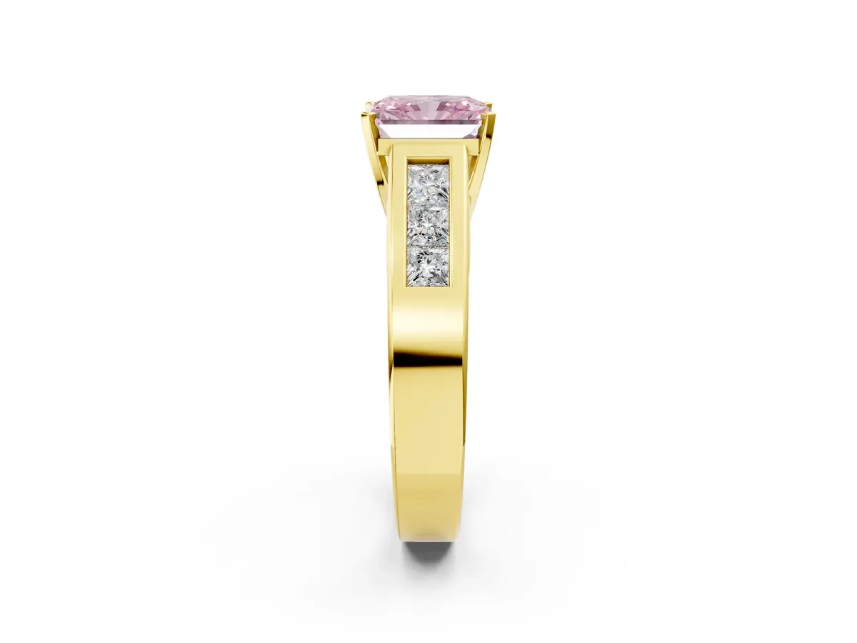 Fancy Pink Radiant Cut Cut Channel Set Solitaire Ring with Four-Prong Setting Yellow gold