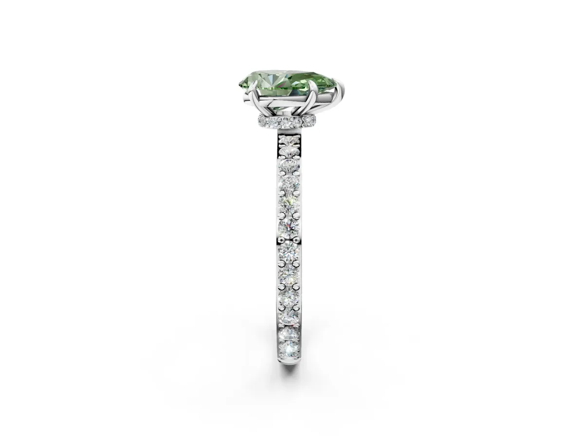 Fancy Green Pear Cut Diamond Solitaire Engagement Ring with Pavé Band and Four-Prong Setting Silver