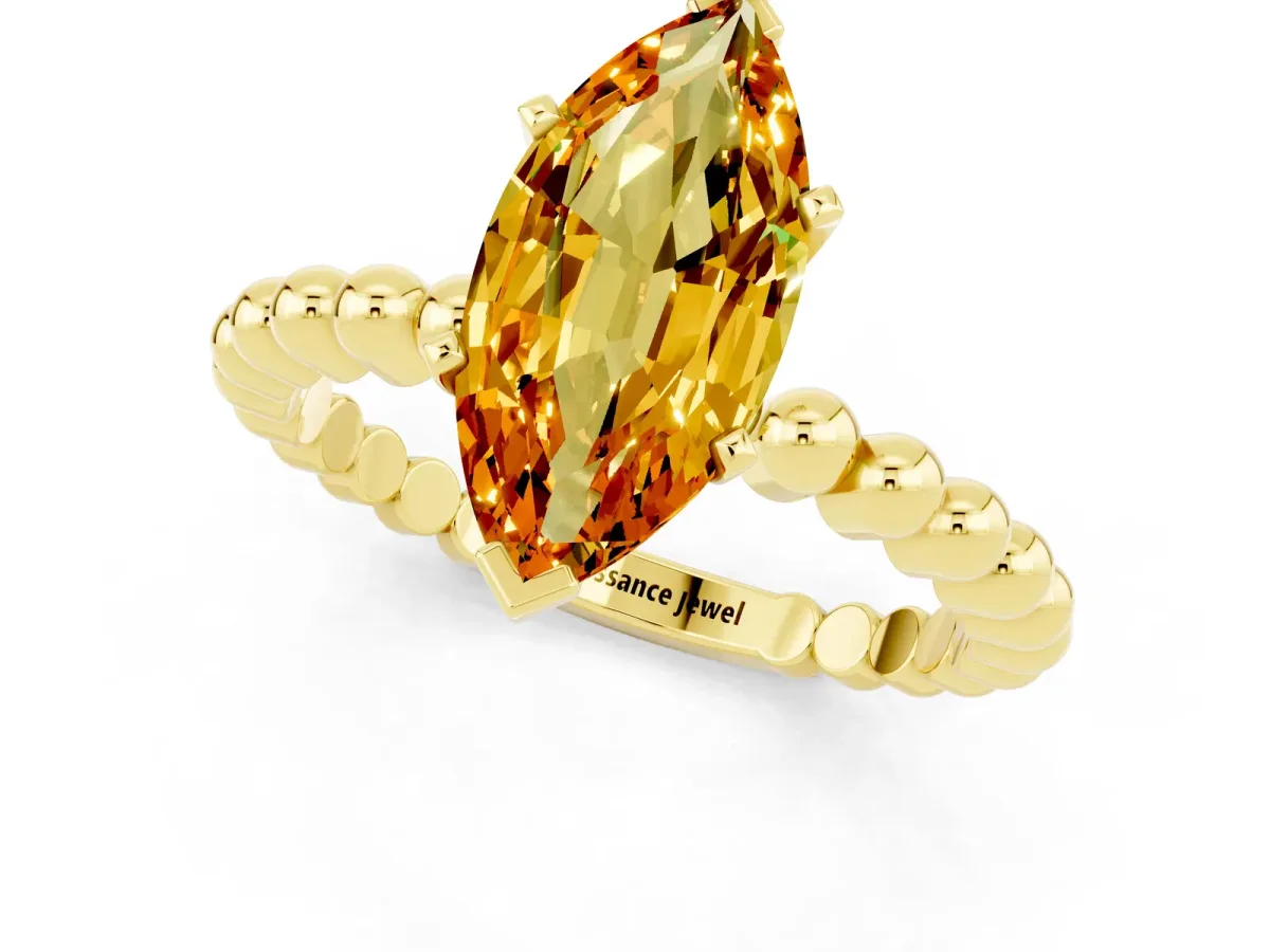 Marquise Cut Citrine Solitaire Ring with Beaded Band and Prong Setting Yellow gold