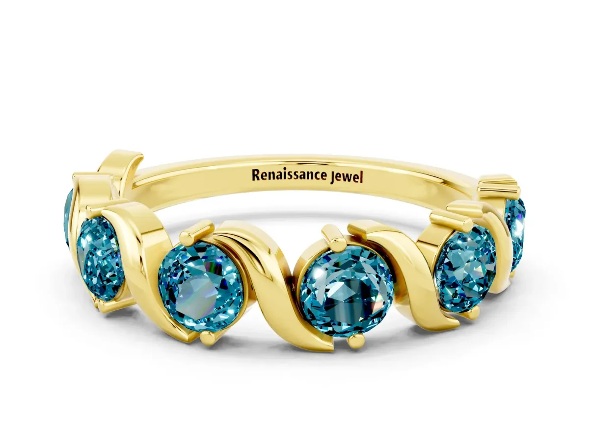 Round Blue Topaz Half Eternity Band with Wave Prong Setting Yellow gold