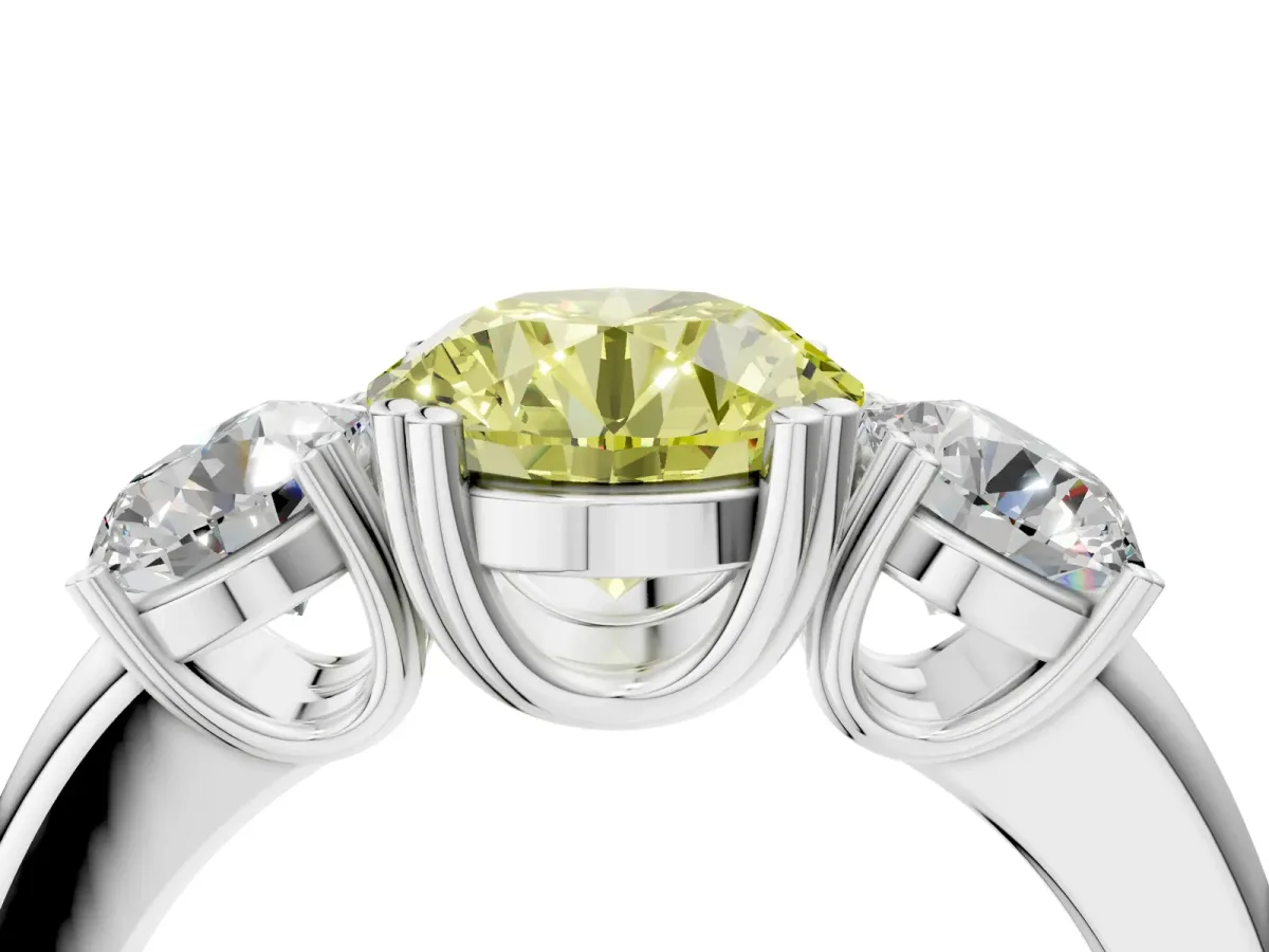 Fancy Yellow Three-Stone Round Cut Cut Diamond Ring with Channel Set Band and Four-Prong Setting Silver