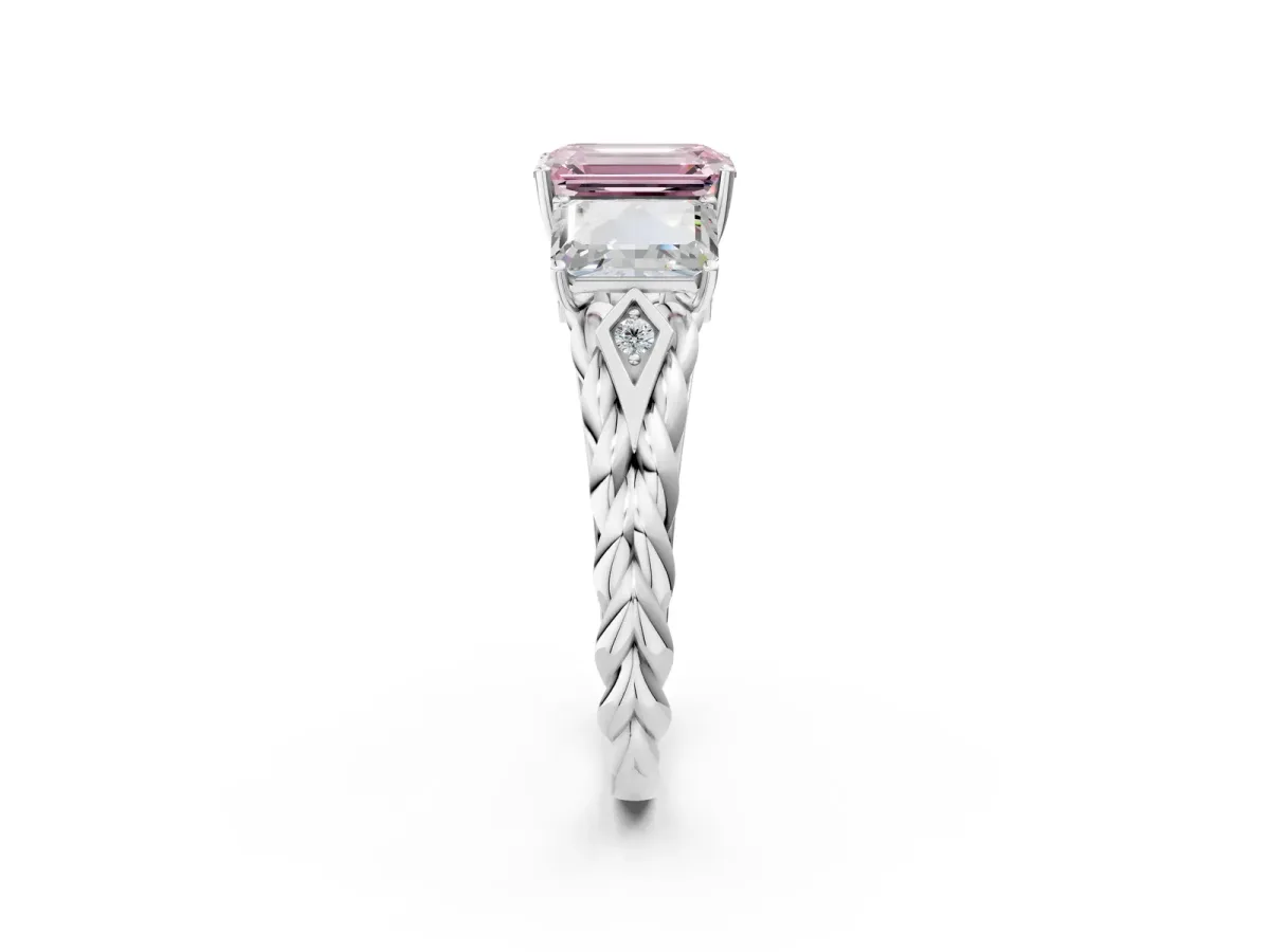 Fancy Pink Three-Stone Emerald Cut Diamond Braided Band Ring with Four-Prong Setting Silver