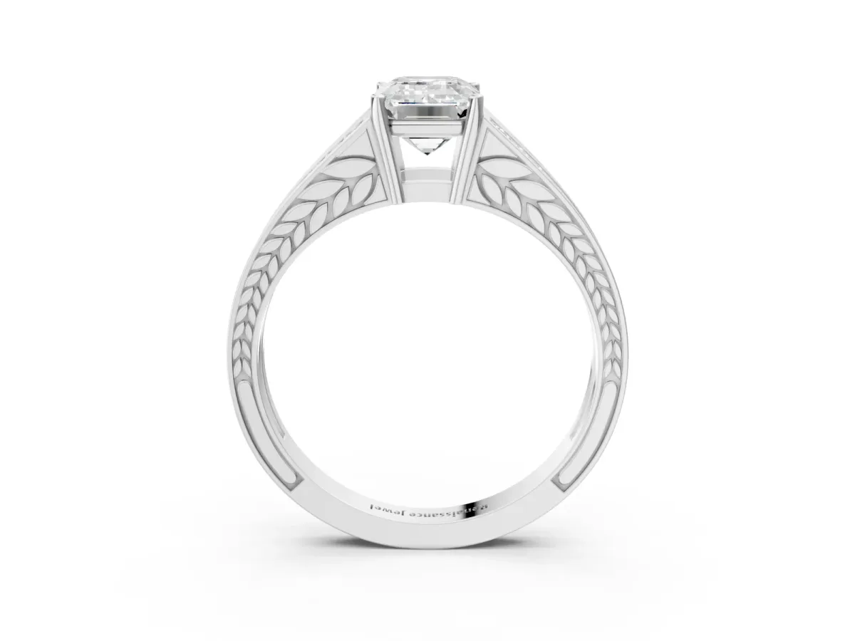 Emerald Cut Diamond Split Shank Ring with Pavé Band and Four-Prong Setting White gold