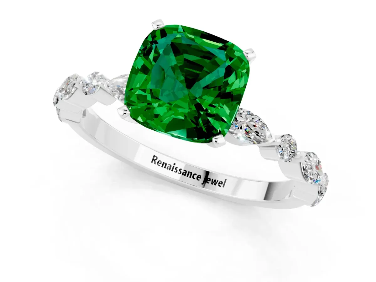 Cushion Cut Emerald Ring with Marquise and Round Side Stones and Four-Prong Setting Silver