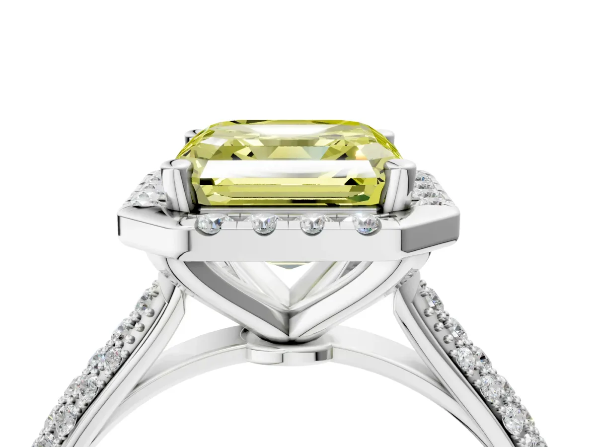 Fancy Yellow Asscher Cut Cut Halo Pave Band Four-Prong Setting Ring Platinum