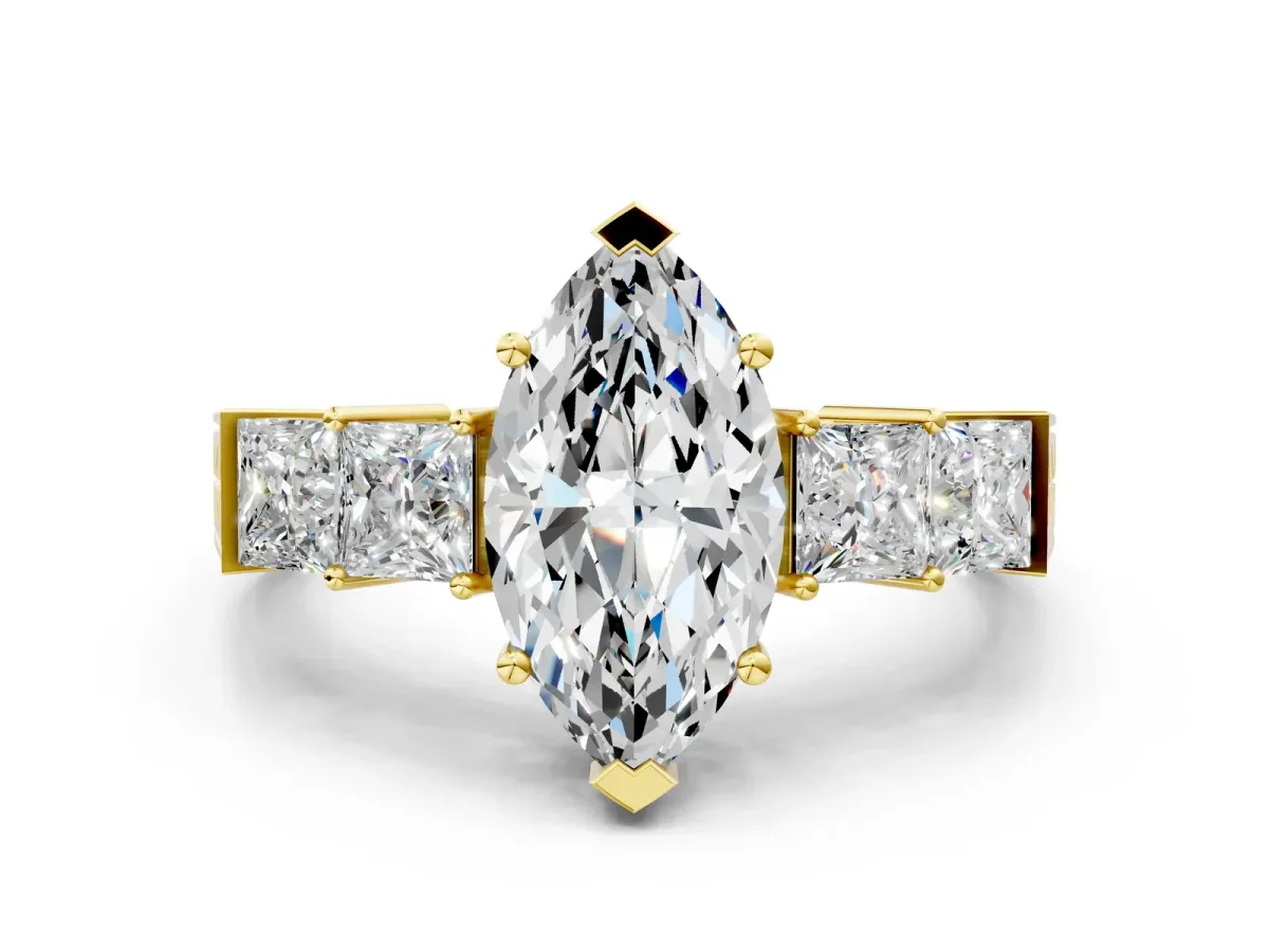 Marquise Cut Solitaire Princess Side Stone Engraved Band Prong Setting Ring Yellow gold