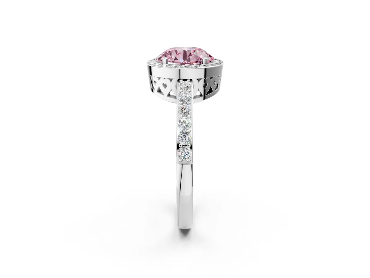 Fancy Pink Round Cut Halo Diamond Pavé Band Ring with Prong Setting Platinum