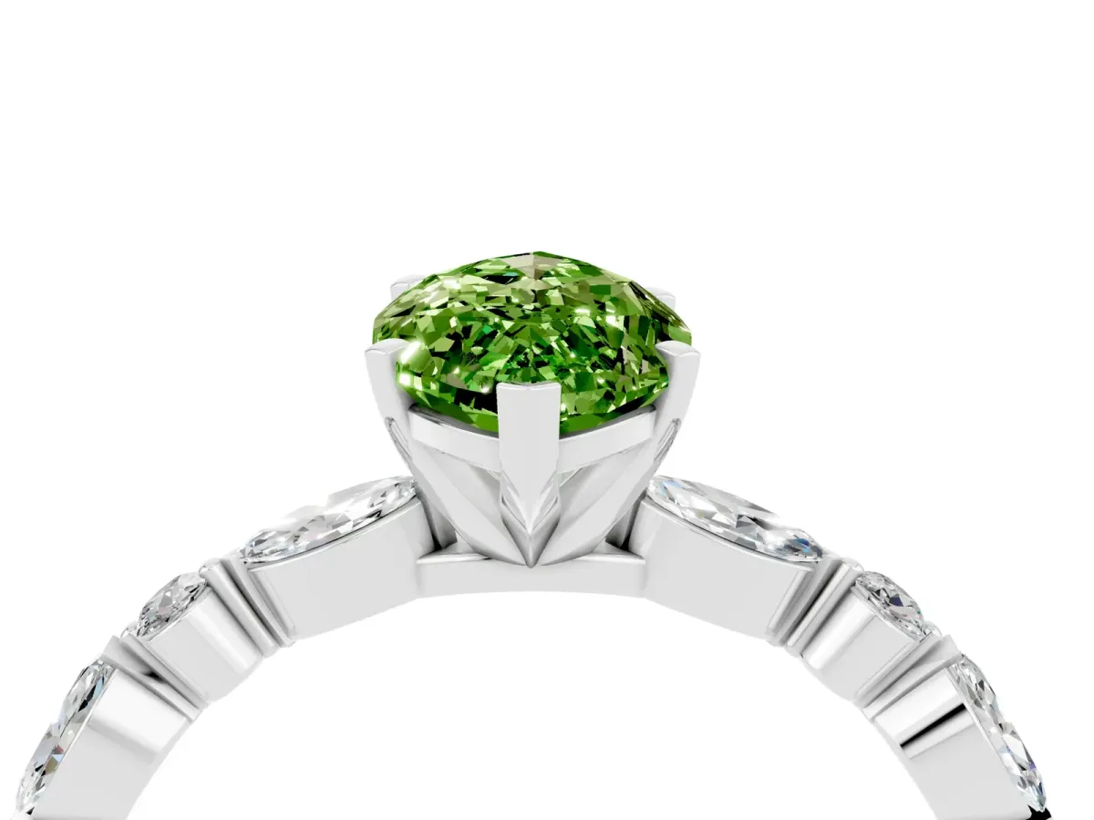 Marquise Cut Peridot Ring with Marquise and Round Side Stones and Four-Prong Setting Silver