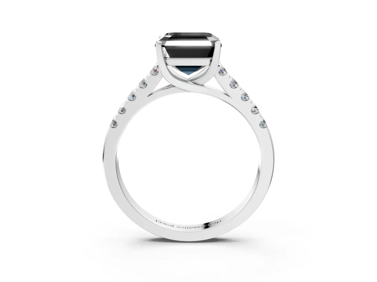 Fancy Black Asscher Cut Diamond Pavé Band Solitaire Ring with Prong Setting Platinum