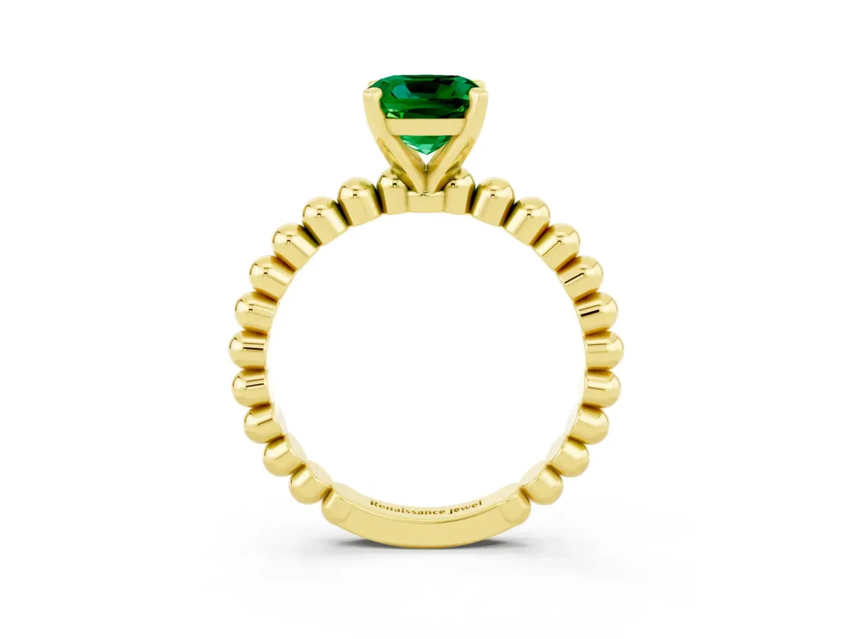 Cushion Cut Emerald Solitaire Ring with Beaded Band and Prong Setting Yellow gold