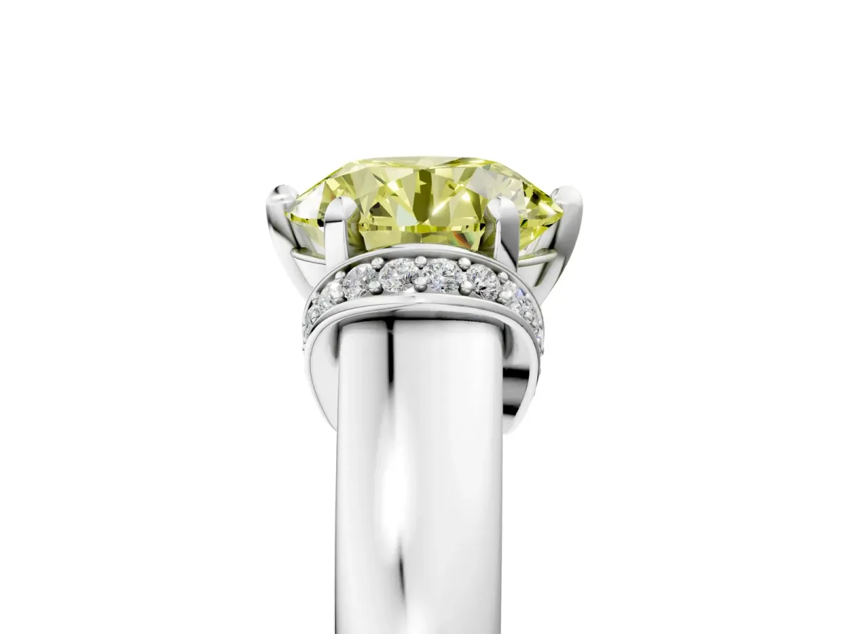 Fancy Yellow Round Cut Solitaire Diamond Ring with Pave Band and Six-Prong Setting Silver
