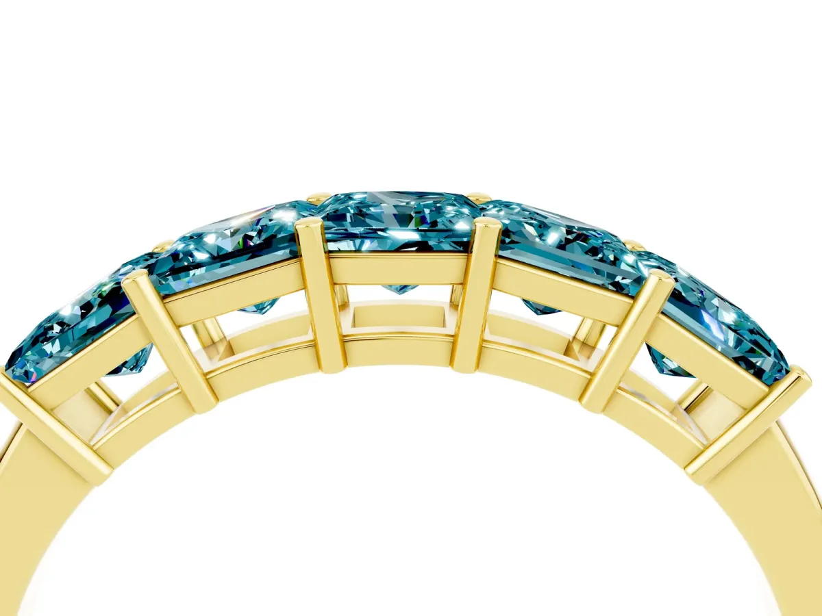 Princess Cut Five-Stone Blue Topaz Band with Prong Setting Yellow gold