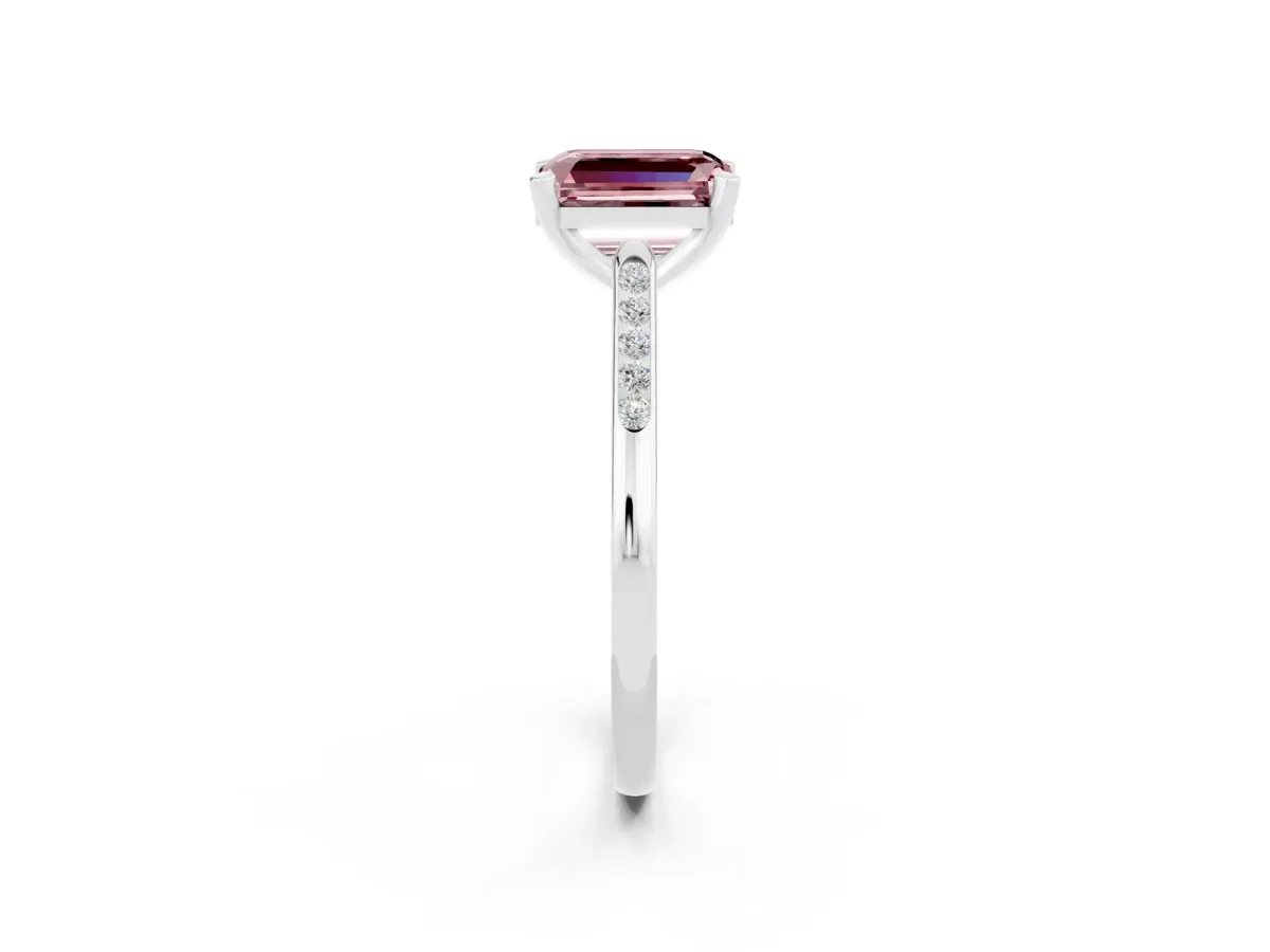 Emerald Cut Morganite Solitaire Ring with Channel Set Round Band and Prong Setting Silver