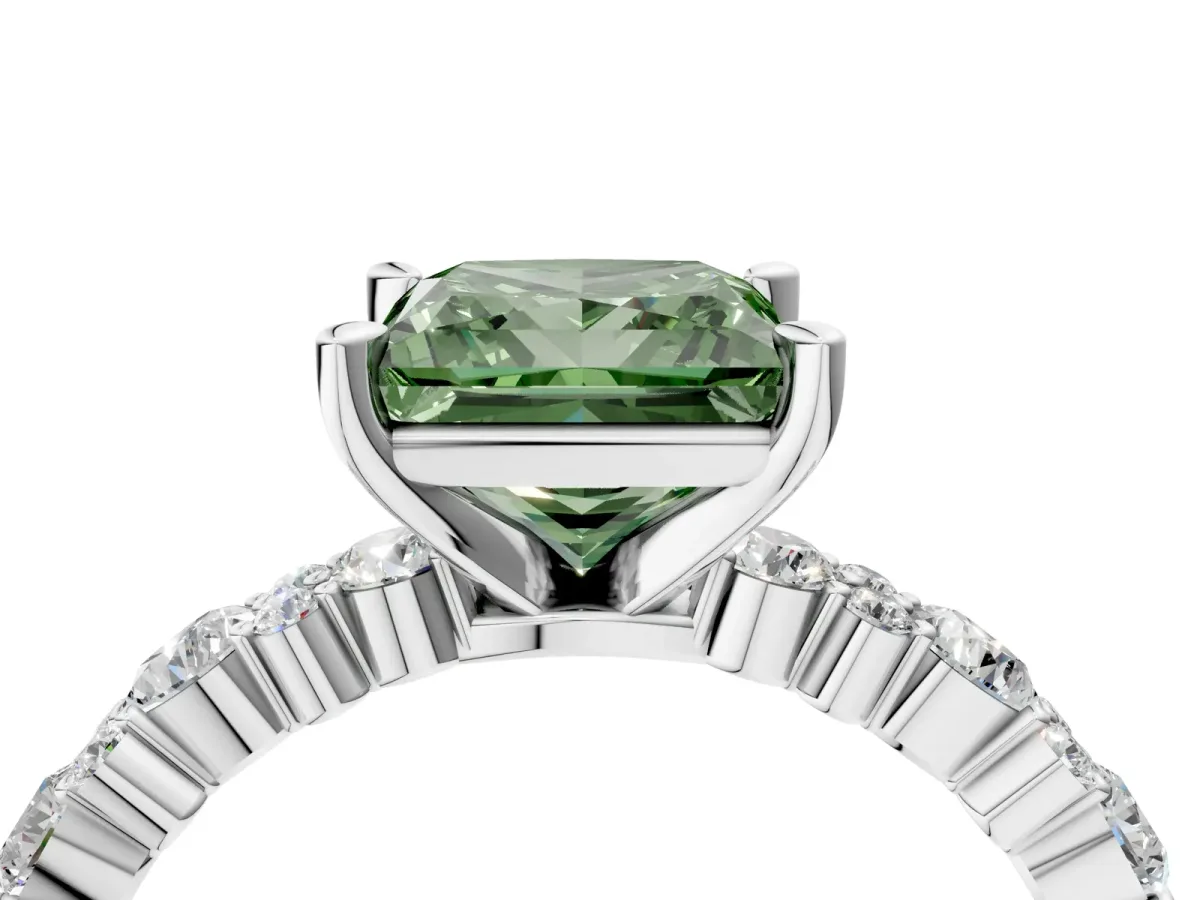 Fancy Green Princess Cut Diamond Side Stone Solitaire Ring with Round and Four-Prong Setting Silver