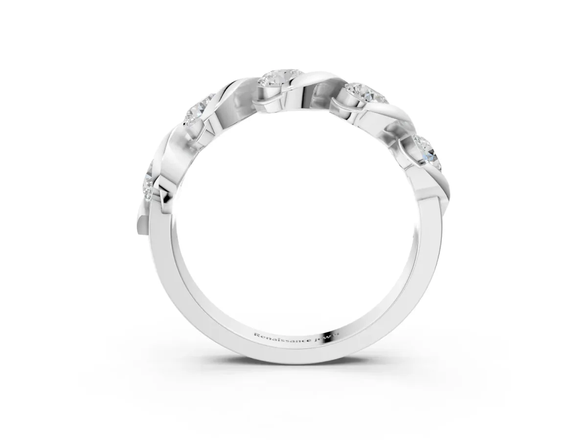 Round Diamond Wave Band with Channel Setting and Shared Prongs Silver
