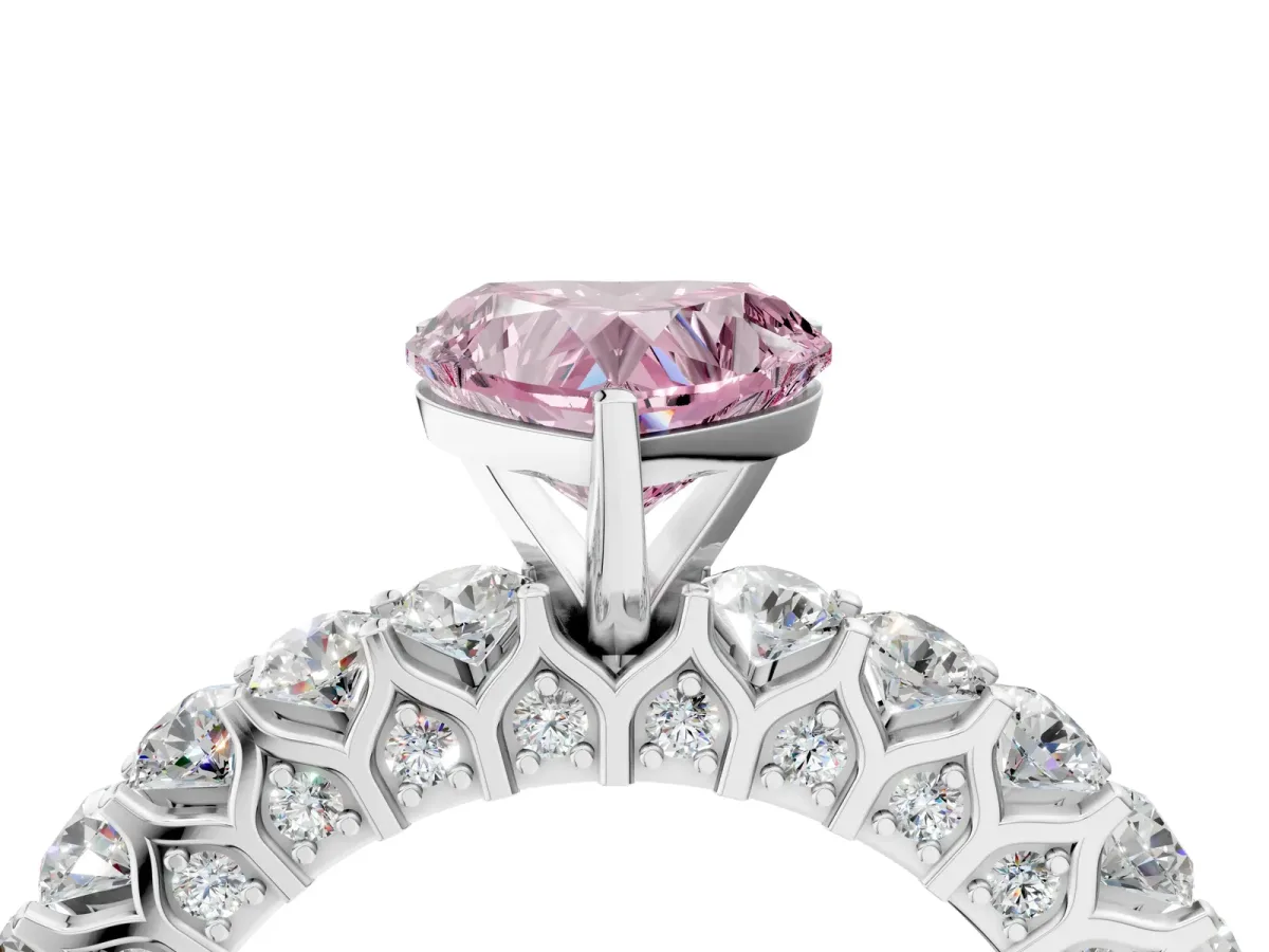 Fancy Pink Heart Cut Diamond Solitaire Ring with Shared Prong Pavé Band and Four-Prong Setting Platinum