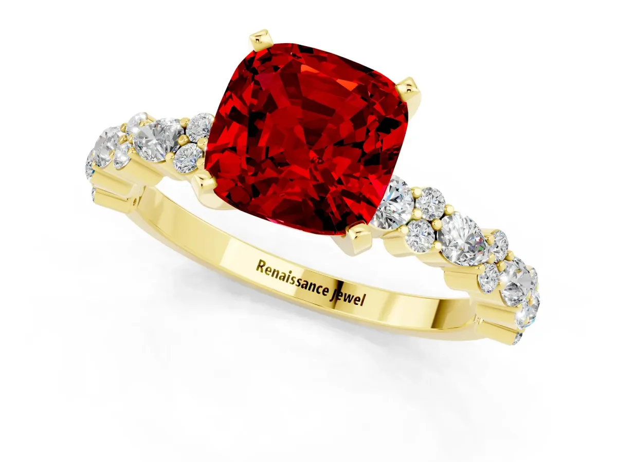 Cushion Cut Ruby Side Stone Solitaire Ring with Round and Four-Prong Setting Yellow gold