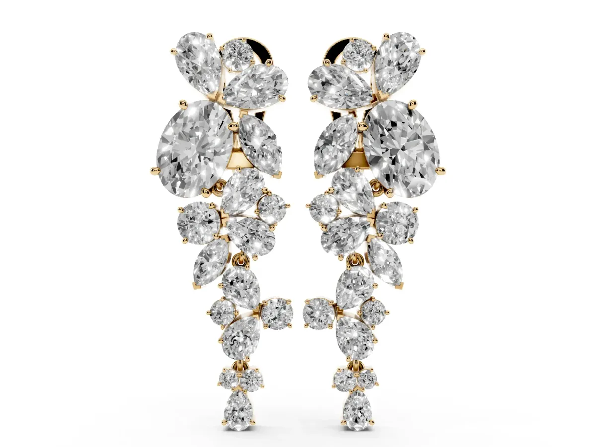 Pear, Marquise and Round Diamond Floral Drop Earrings Yellow gold