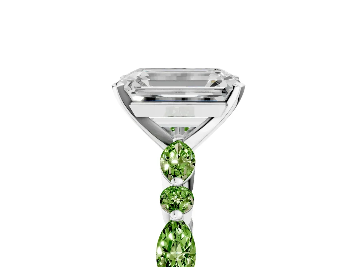 Emerald Cut Diamond Ring with Marquise and Round Peridot Side Stones and Four-Prong Setting Silver
