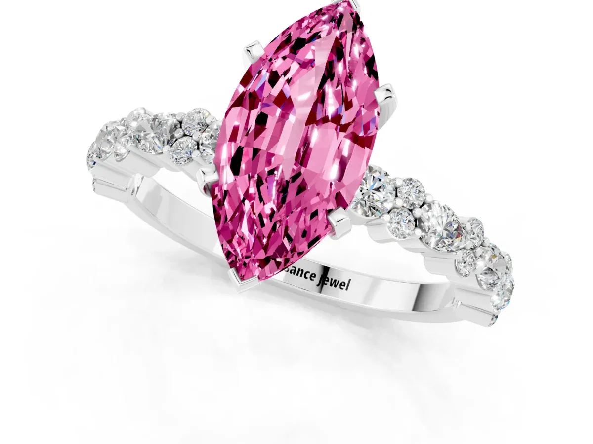 Marquise Cut Pink Sapphire Side Stone Solitaire Ring with Round and Four-Prong Setting Platinum