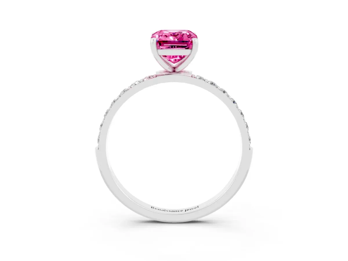 Emerald Cut Pink Sapphire Solitaire Ring with Round Pavé Band and Prong Setting Platinum