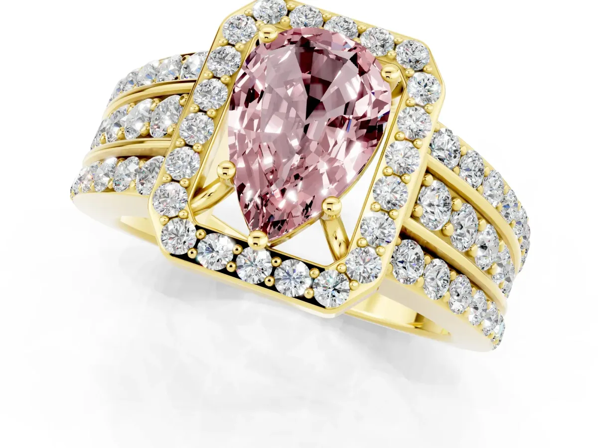 Pear Cut Halo Morganite Ring with Round Split Shank and Prong Setting Yellow gold