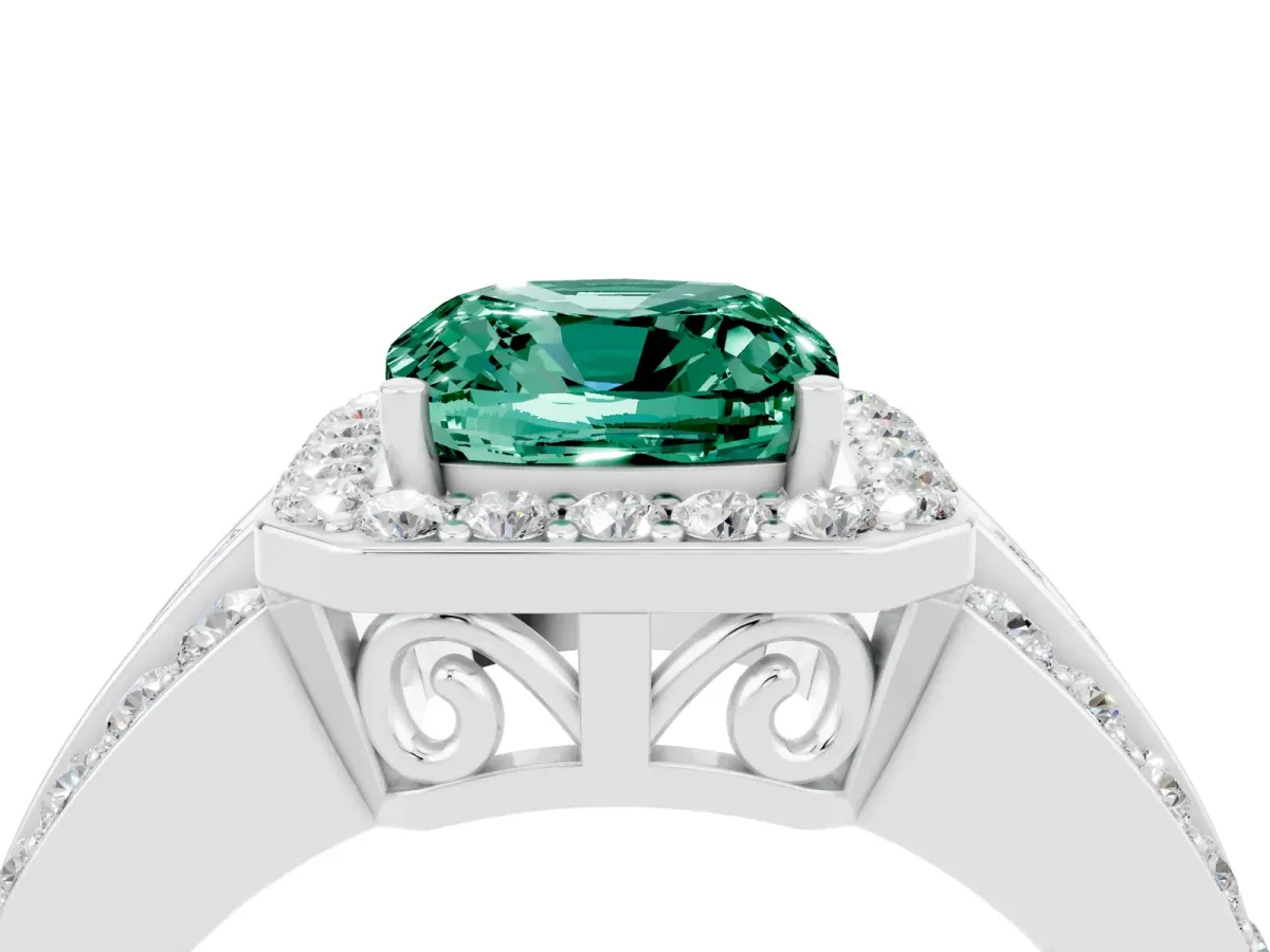 Cushion Cut Halo Green Sapphire Ring with Round Split Shank and Prong Setting Silver