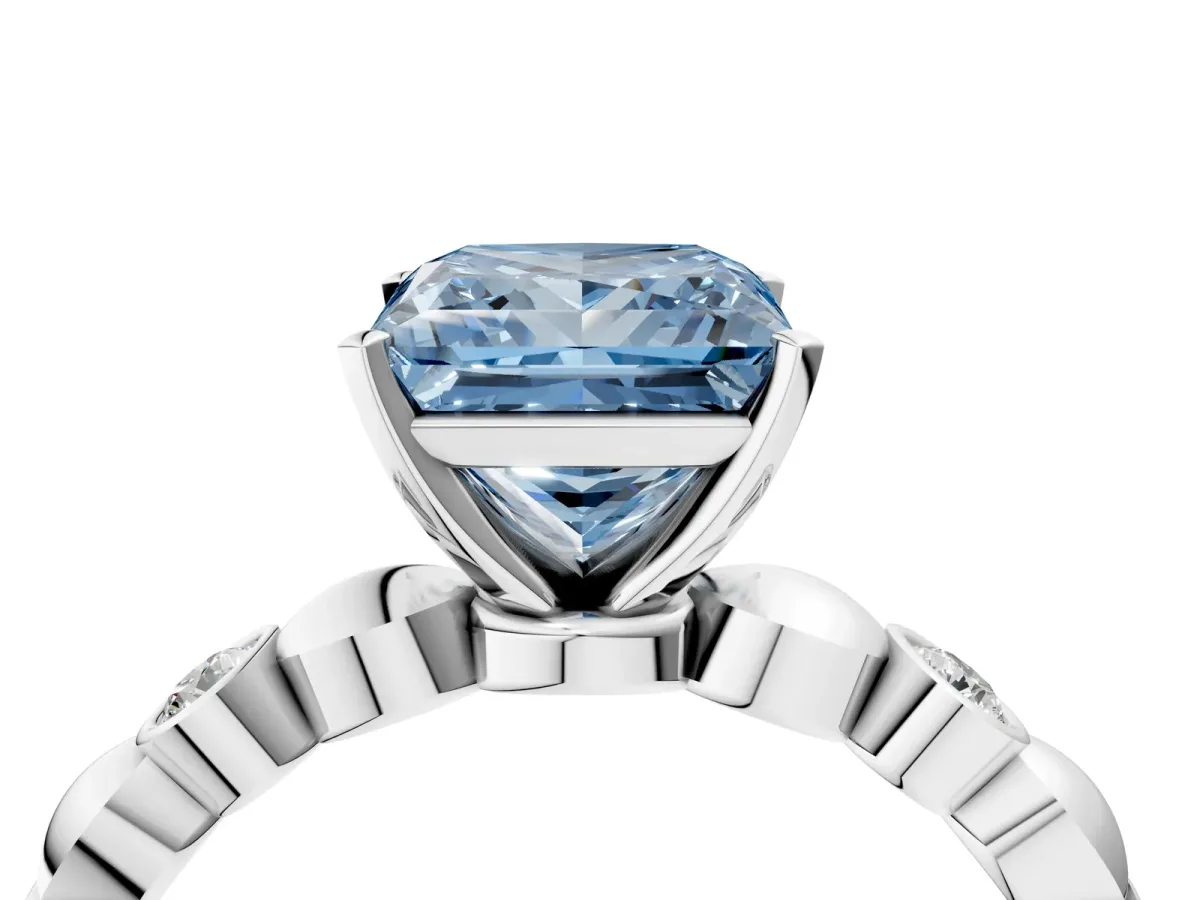Fancy Blue Princess Cut Solitaire Bezel-Set Diamond Ring with Beaded Band and Four-Prong Setting Silver
