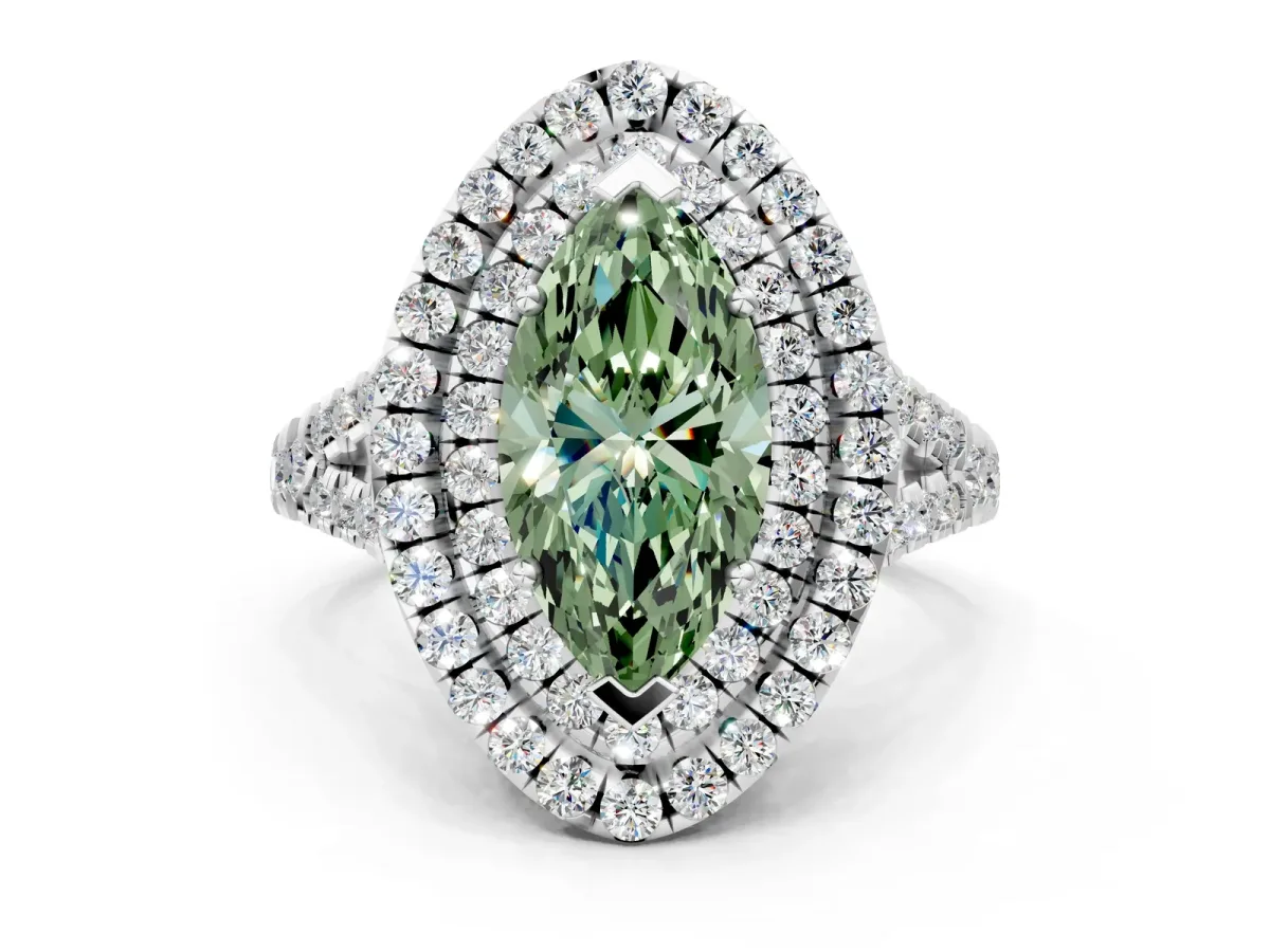 Fancy Green Double Halo Marquise Cut Diamond Pavé Split Shank Ring with Prong Setting Silver
