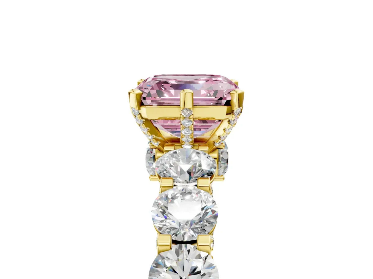 Fancy Pink Asscher Cut Diamond Side Stone Engagement Ring with Four-Prong Setting Yellow gold