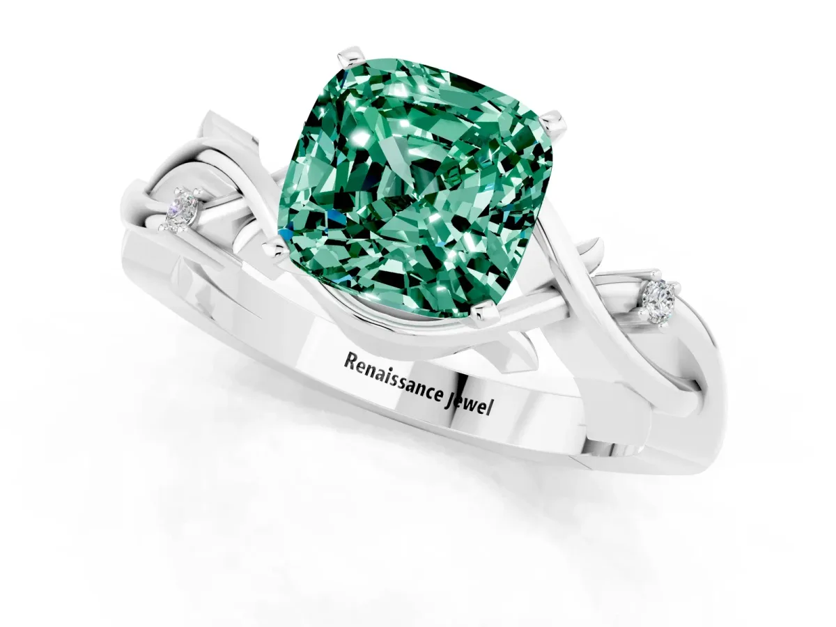 Cushion Cut Green Sapphire Solitaire Ring with Twisted Band and Prong Setting Silver