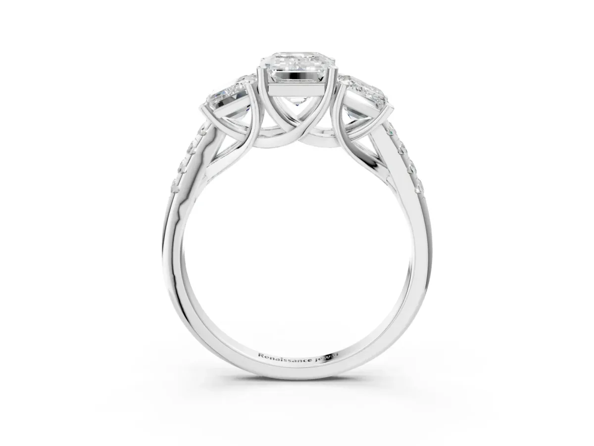 Three-Stone Emerald Cut Diamond Ring with Round Moissanite Pavé Band and Prong Setting Silver