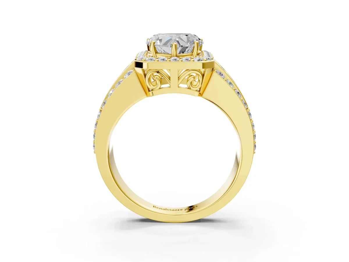 Heart Cut Halo Diamond Ring with Round Split Shank and Prong Setting Yellow gold