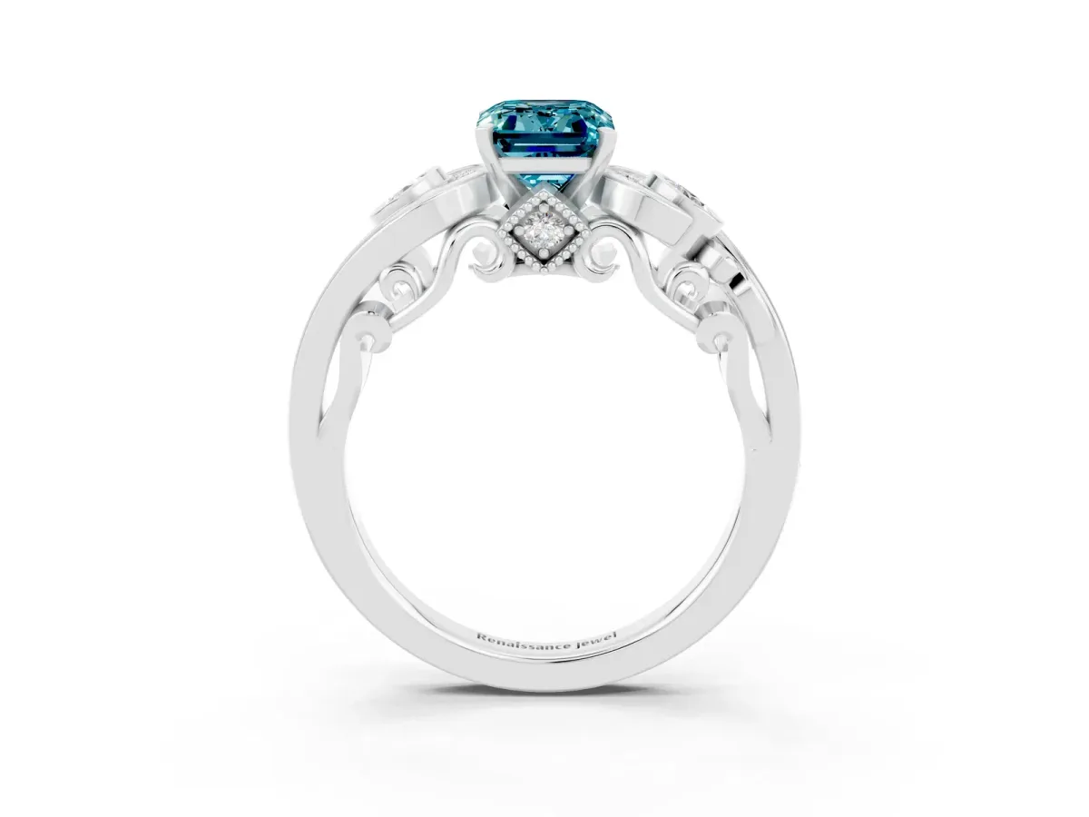 Emerald Cut Blue Topaz Solitaire Ring with Milgrain Pavé Band and Four-Prong Setting Silver
