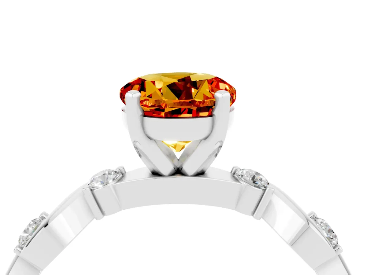 Round Cut Citrine Solitaire Twisted Band with Round Accents and Prong Setting Silver