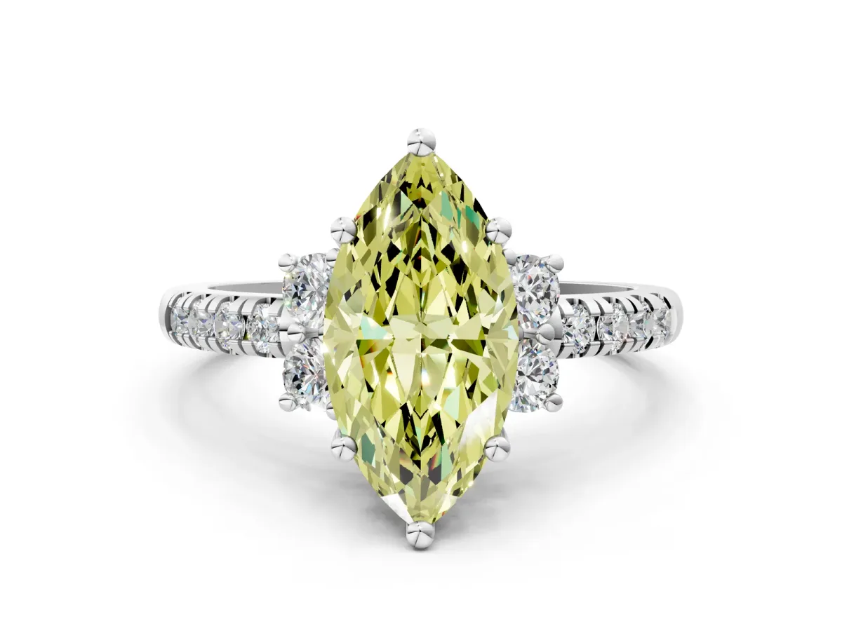 Fancy Yellow Marquise Cut Diamond Three-Stone Pave Band with Four-Prong Setting Silver